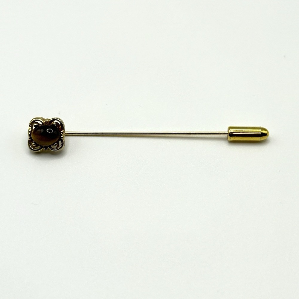 Vintage Empress Genuine Tiger Eye Gemstones Lapel Stick Pin Gold Tone Antique